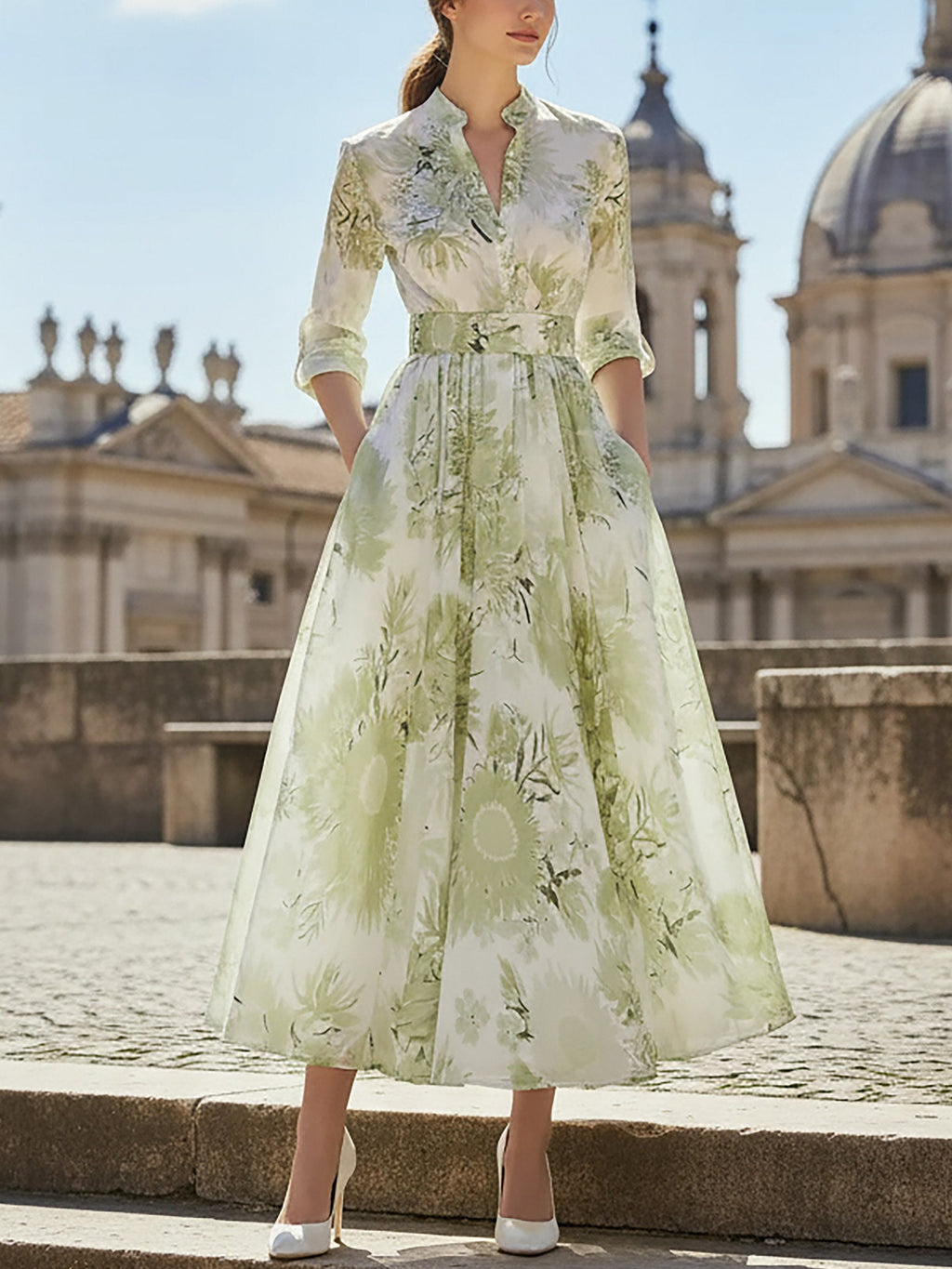 Maxi Linen Dress, Half Sleeve, Stand Collar, Floral, Vacation, Vintage, Lightgreen