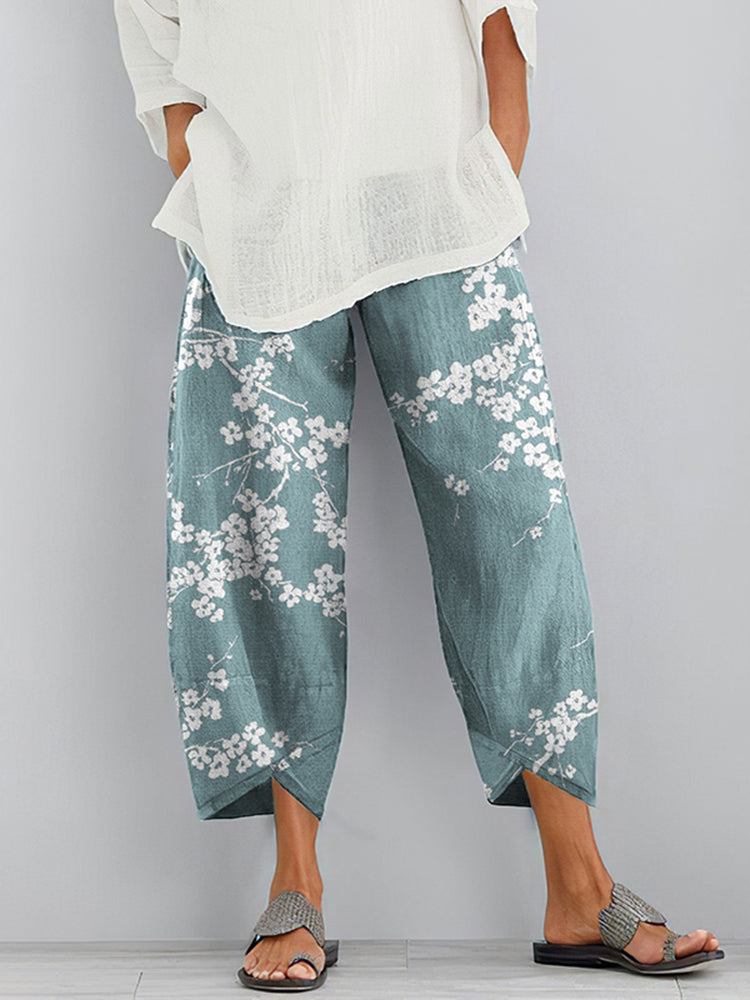 Cherry Blossom Print Loose Casual Pants