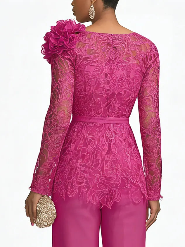 Urban Plain Lace Crew Neck Blouse With 3D Floral