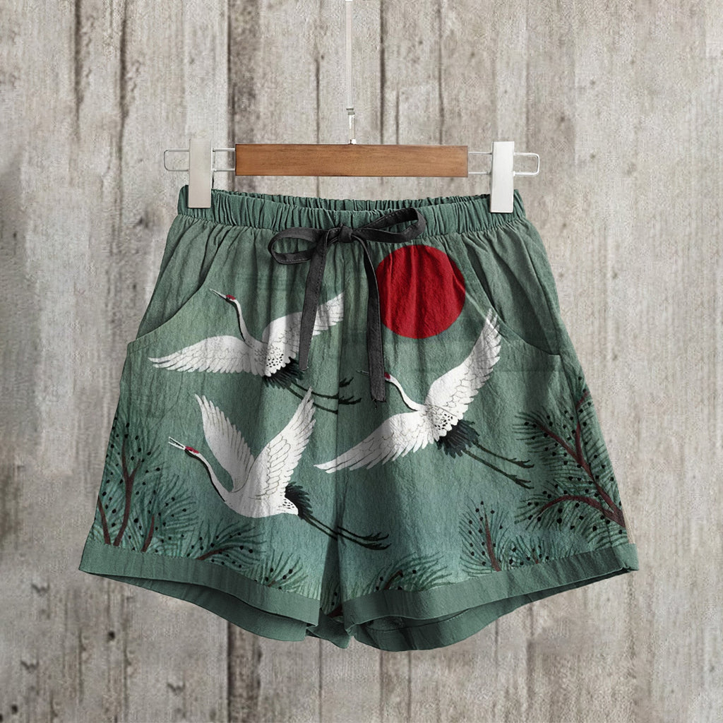 Women's Crane Japanese Art Loose Casual Short Pants