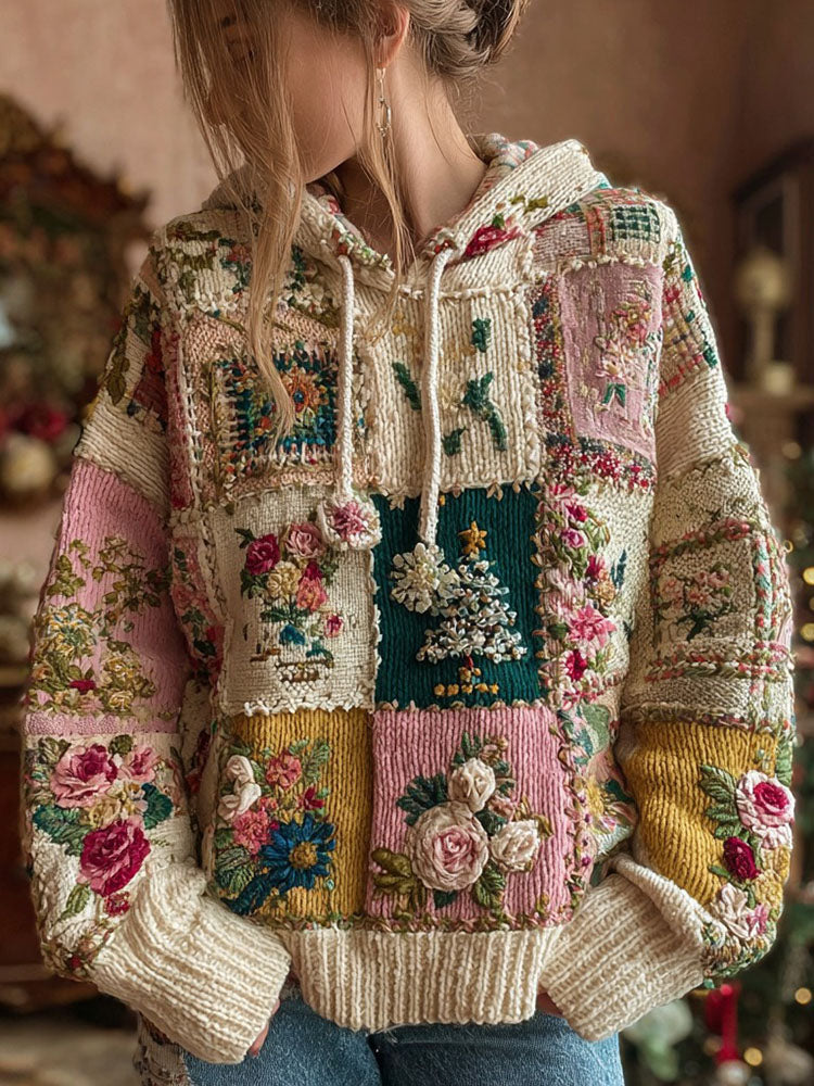 Women's Christmas Tree And Floral Pattern Knitted Hooded Sweater