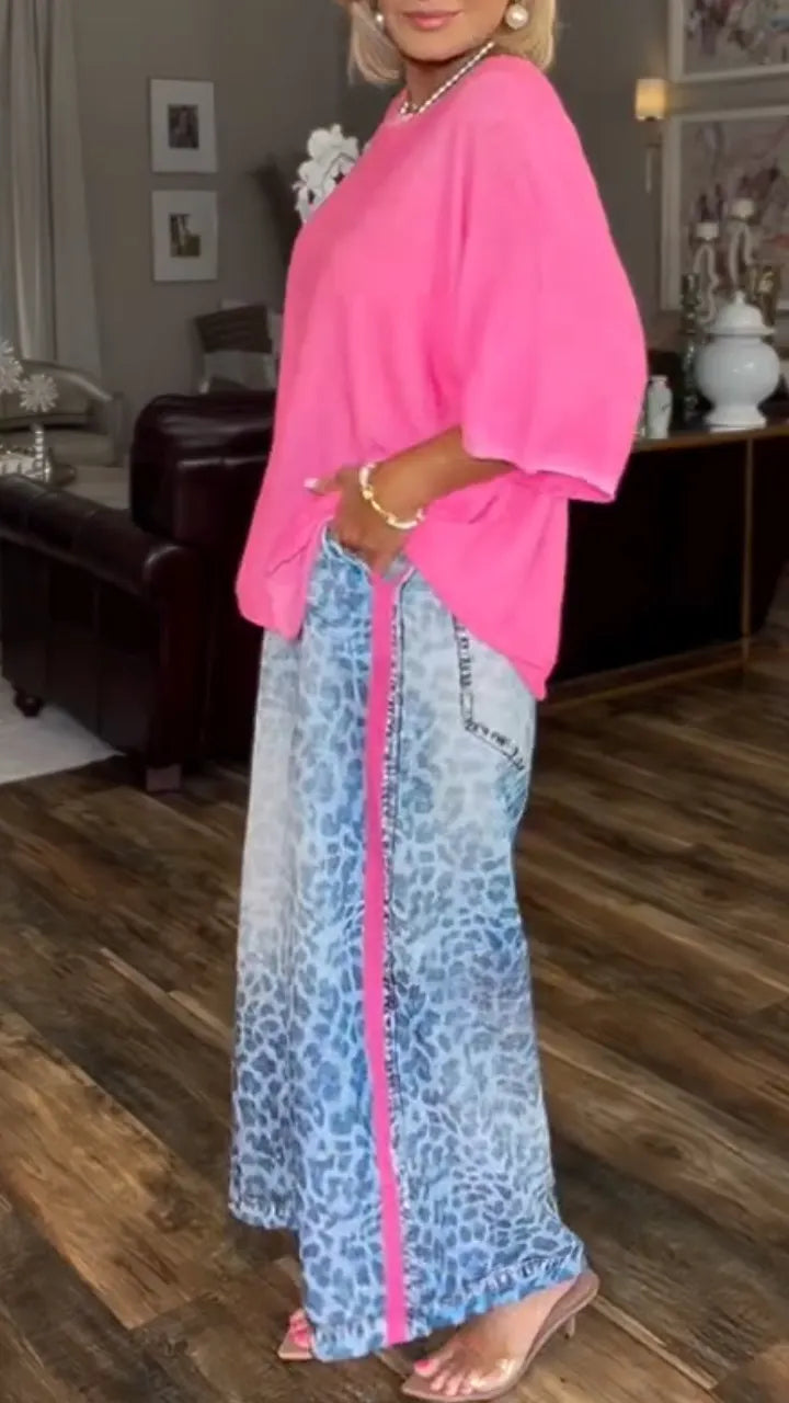 Fluorescent Pink Batwing Sleeve Top + Gradient Blue Leopard Print Wide-Leg Pants Set
