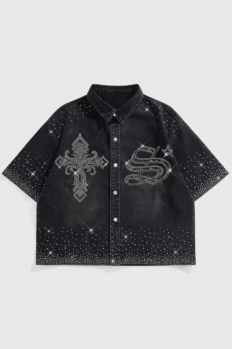 Men's Rhinestone Pattern Cropped Denim Shirt