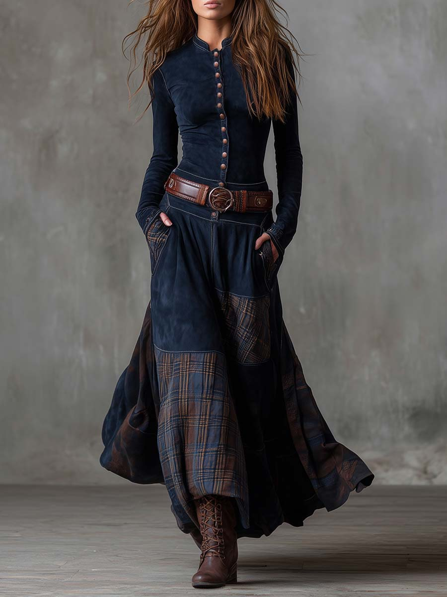 Navy Plaid Paneled Vintage Suede Maxi Dress(with belt)