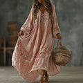 Women's Vintage Floral Art Flowy Linen Blend Casual V Neck Long Sleeve Maxi Dress