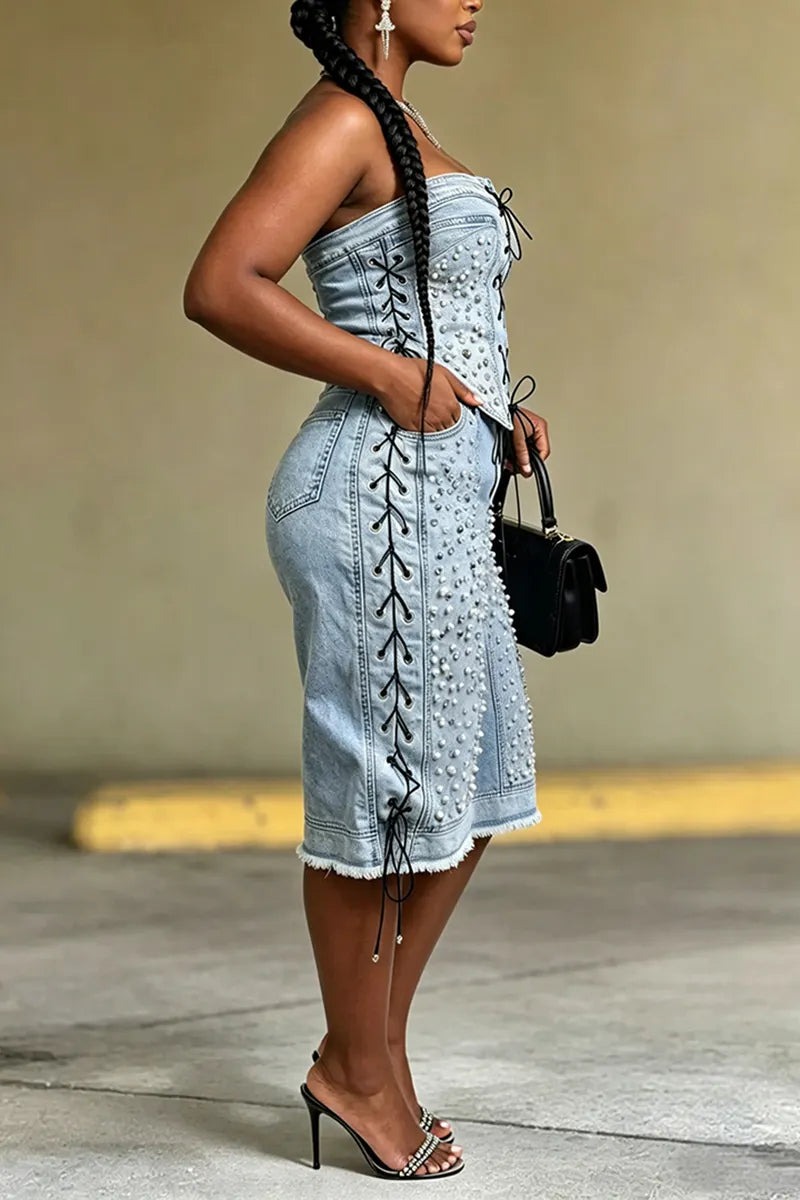 Women's Fashion Rhinestone-Beaded Tie Front Denim Bustier or Cropped Jeans