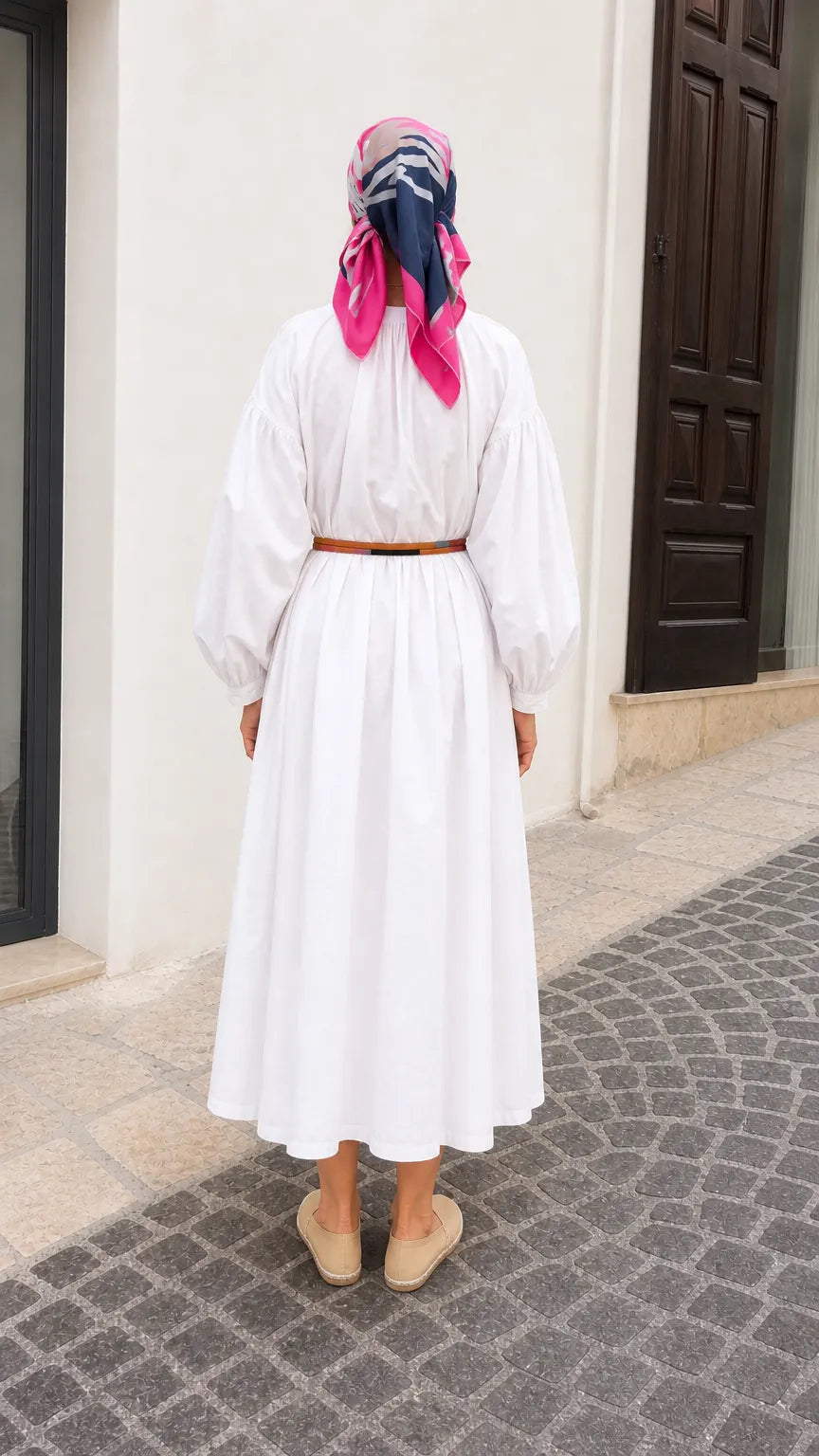 Women's Balloon Sleeve Gathered Maxi Shirt Dress with Waist Tie