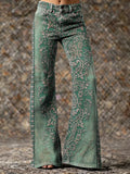 Women's Vintage Ethnic Green Totem Art Prints Casual  Flare Pants