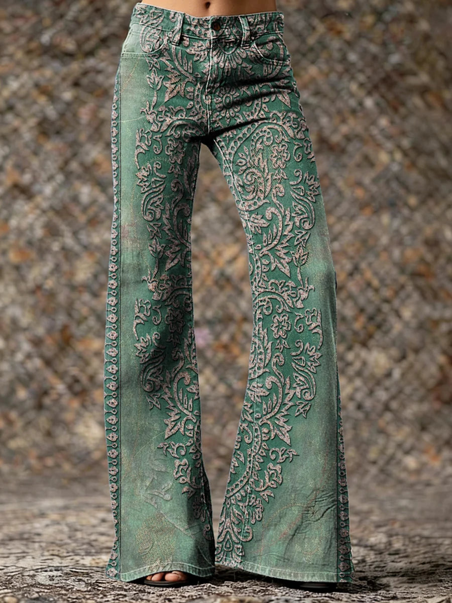 Women's Vintage Ethnic Green Totem Art Prints Casual  Flare Pants