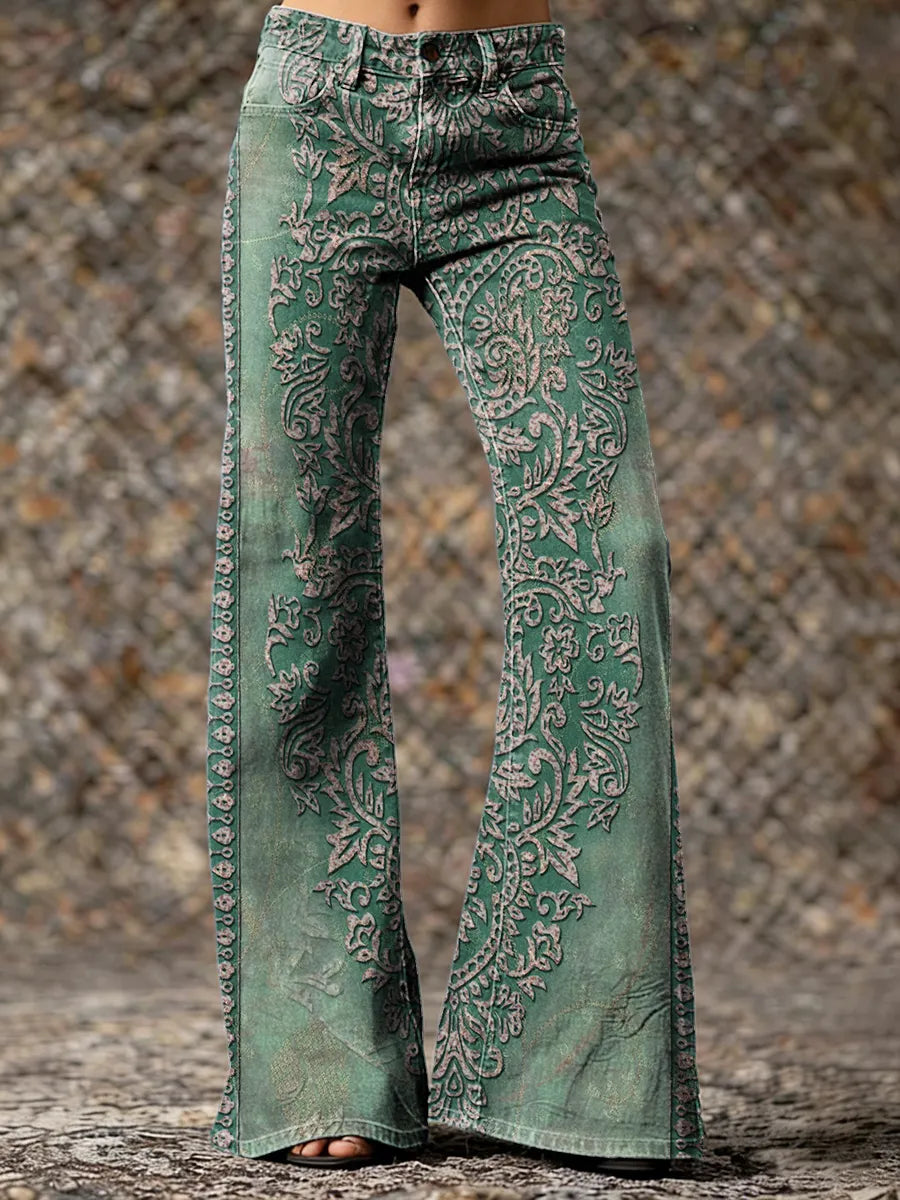 Women's Vintage Ethnic Green Totem Art Prints Casual  Flare Pants
