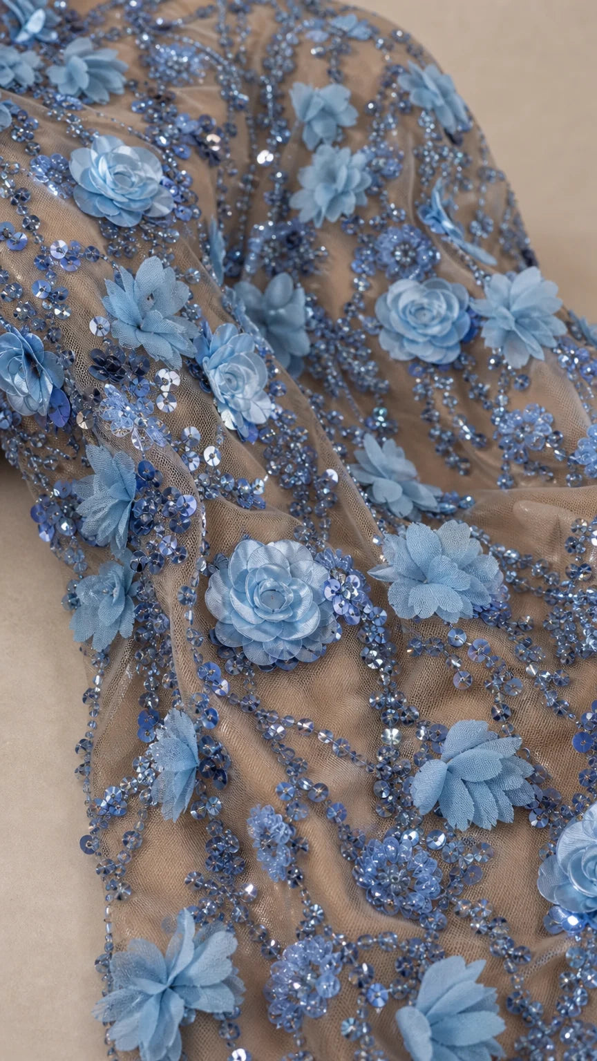 Strapless 3D Floral Applique Sequin Tulle Evening Gown