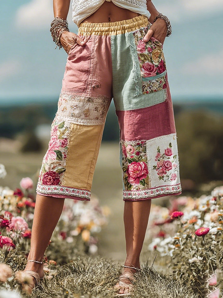 Women's Patchwork Rose Floral Contrast Waist Elastic Pocket Shorts
