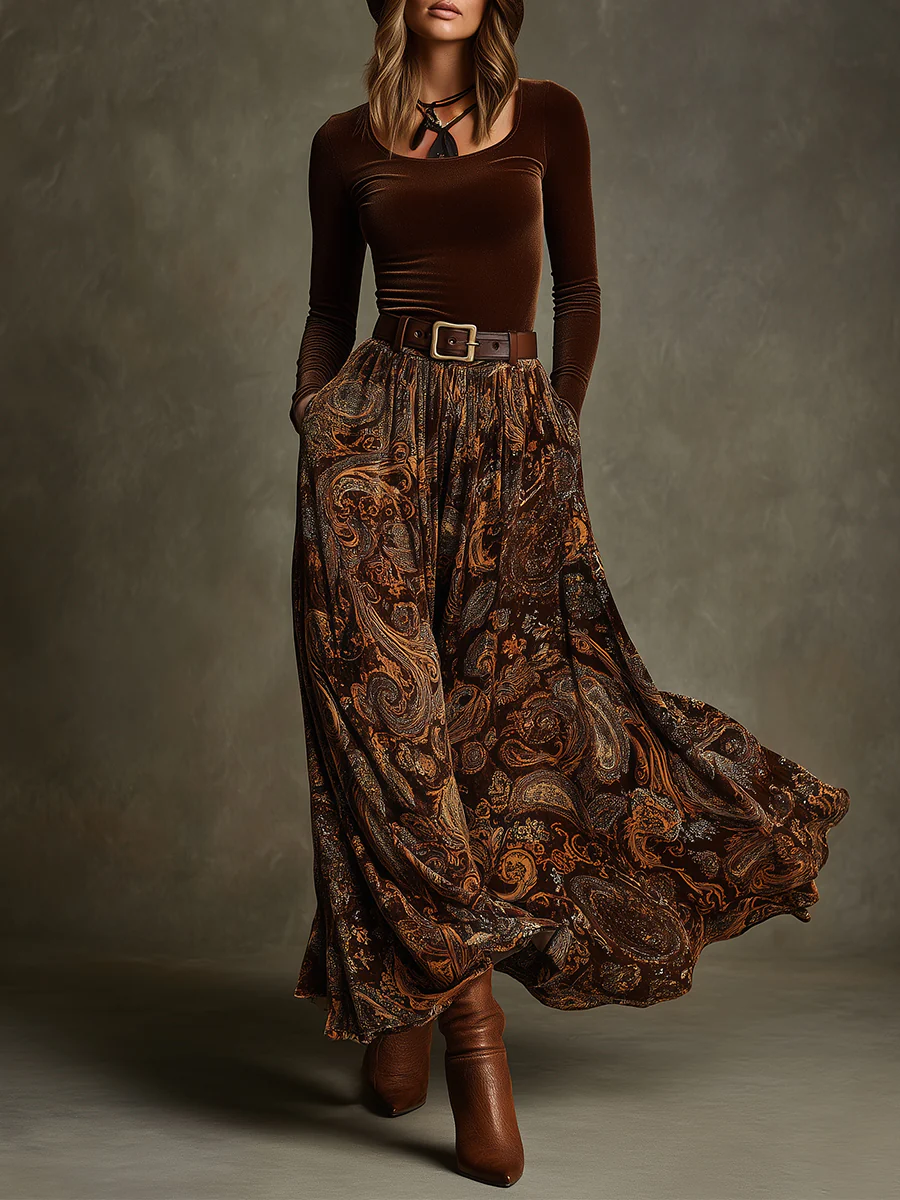 Vintage Stretch Velvet Top and Paisley Print Maxi Skirt Set(with belt)