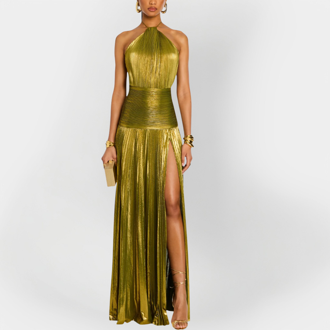 Long Metallic Dress with Neck Tie and Split