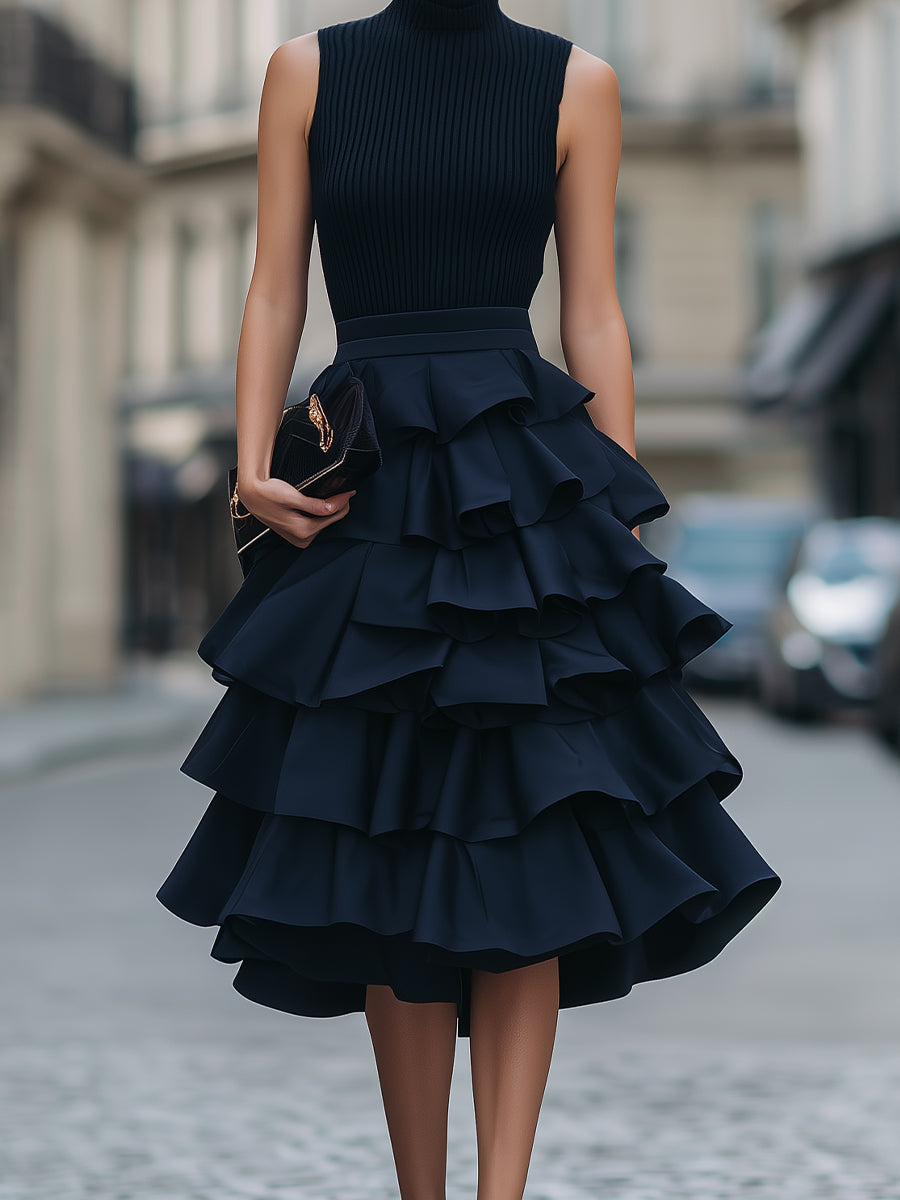 Sleeveless High Neck Tiered Ruffle Midi Dress