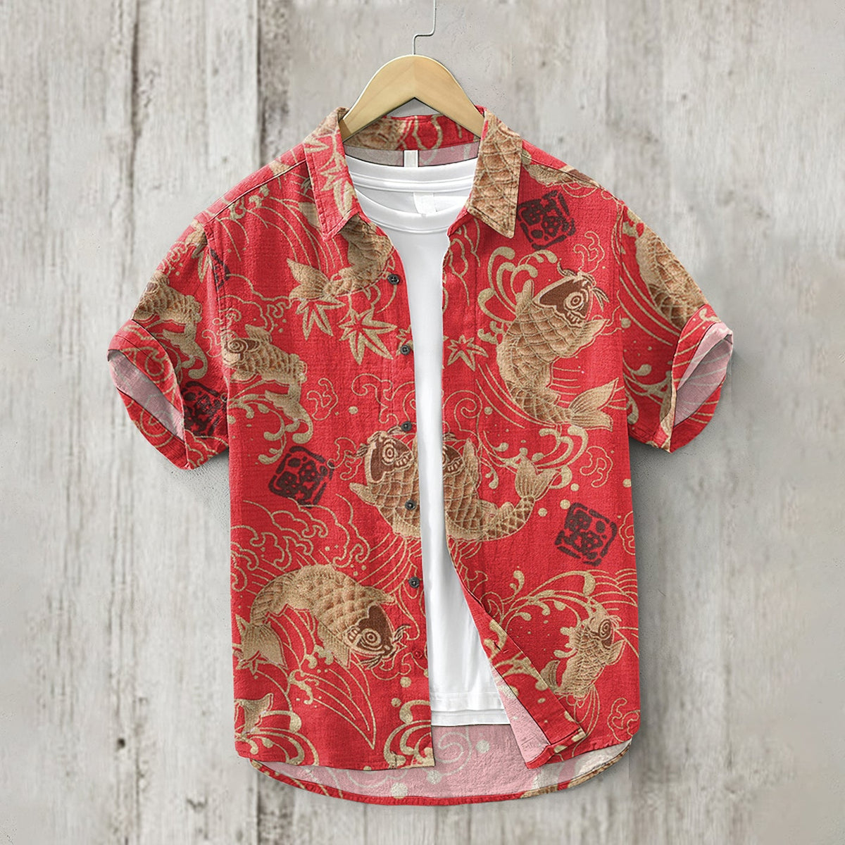 Vintage Japanese Art Koi Pattern Linen Blend Cozy Shirt