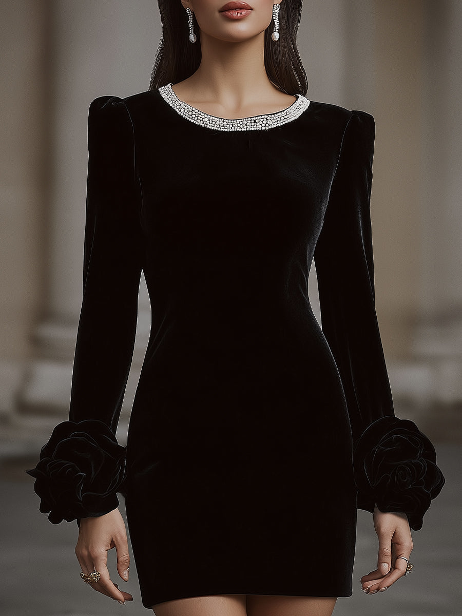 Elegant Velvet Mini Dress With Embellished Neckline And Floral Cuff Detail
