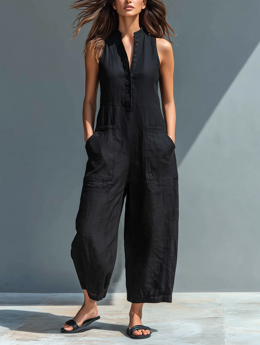Black Minimalist Faux Linen Button-down Collar Sleeveless Loose-fitting Jumpsuit