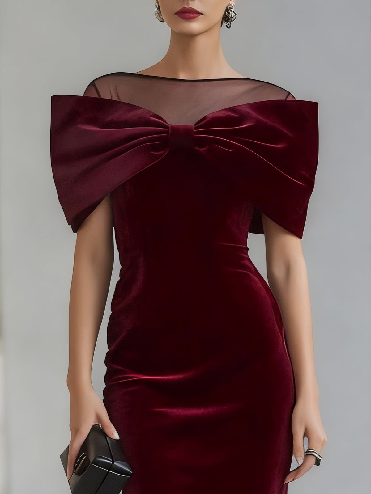 DRAMATIC BURGUNDY VELVET BOW MIDI DRESS