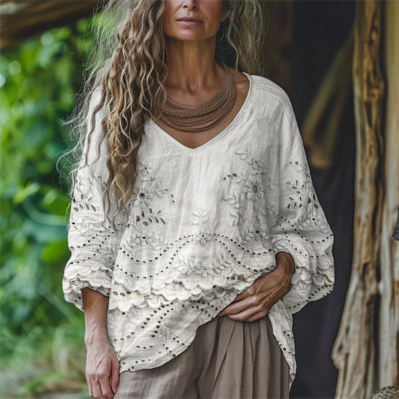 Cottage Floral Embroidered Lace Flowy Linen Tunic