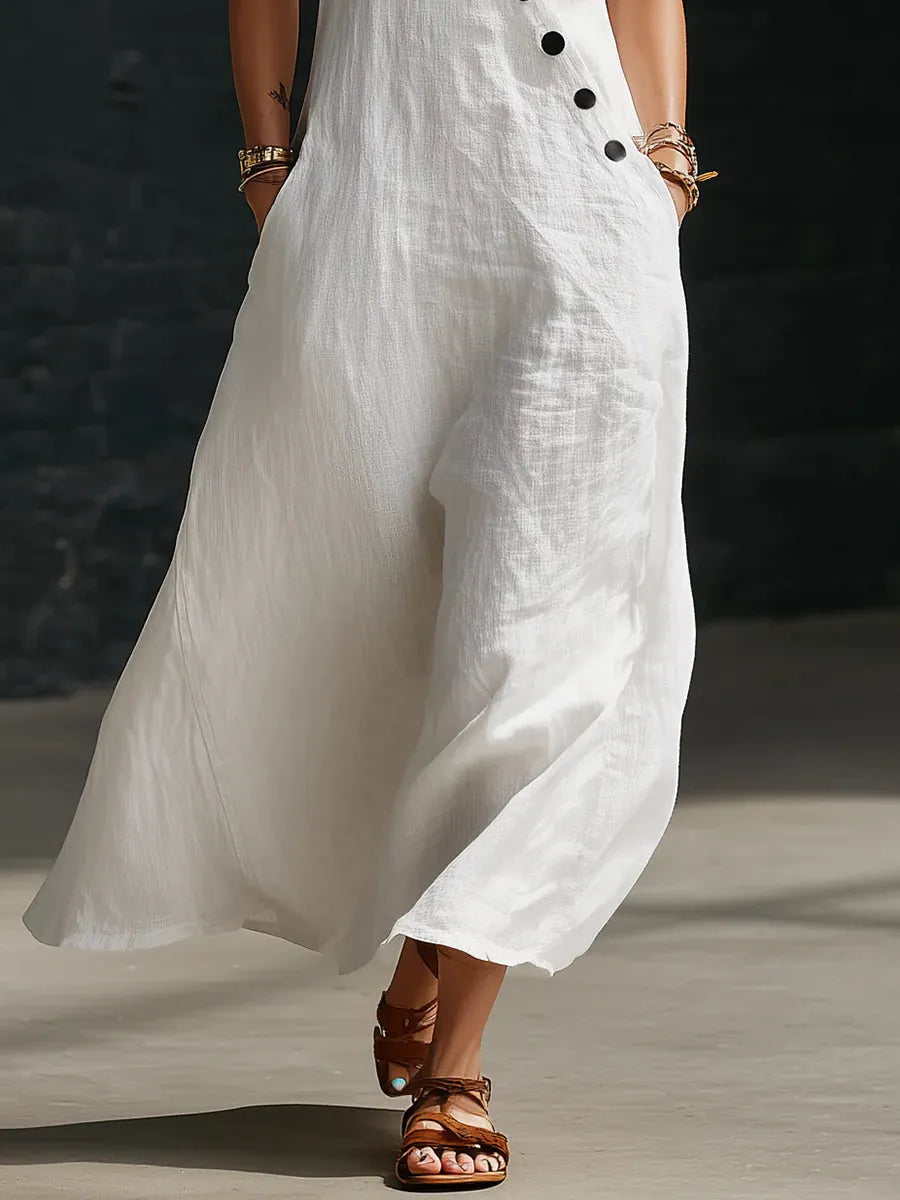 loose sleeveless V-neck diagonal button white dress