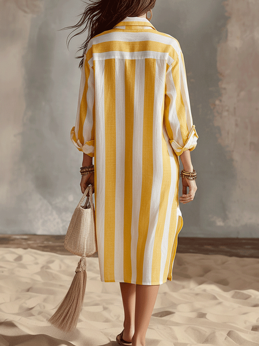 Relaxed Striped Resort Yellow & White Stripe Midi Dress
