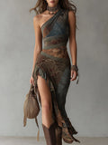 Retro Ethnic Style Printed One-shoulder High Slit Maxi Dress