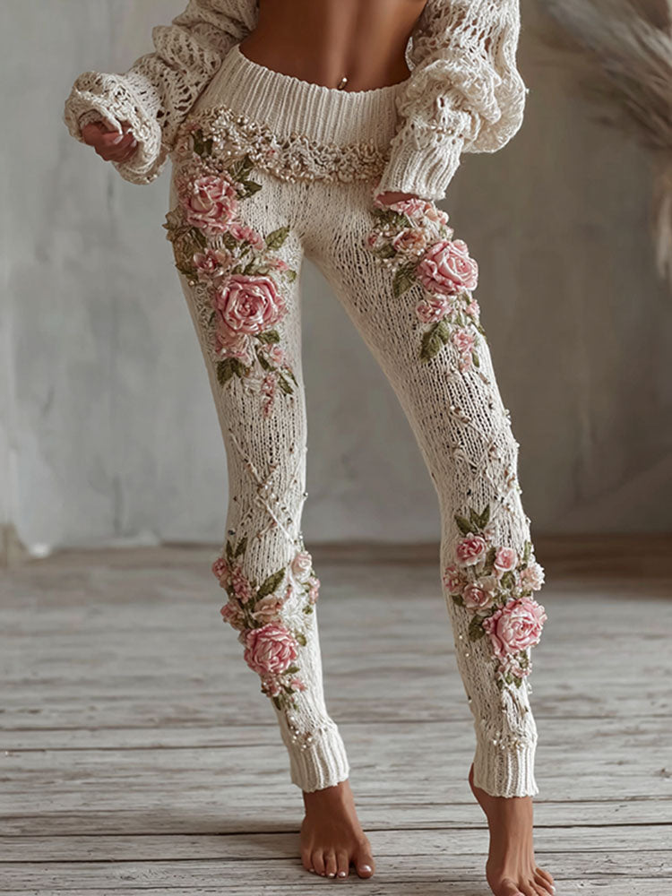 Women's Vintage Pink Floral Art Cozy Knit Leggings
