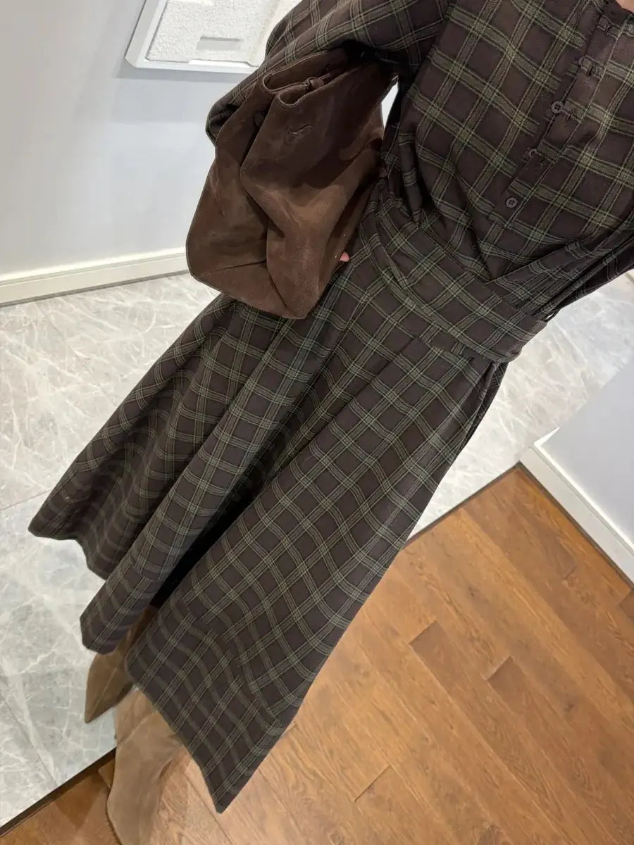 Plaid Patterned Belted Midi Dress