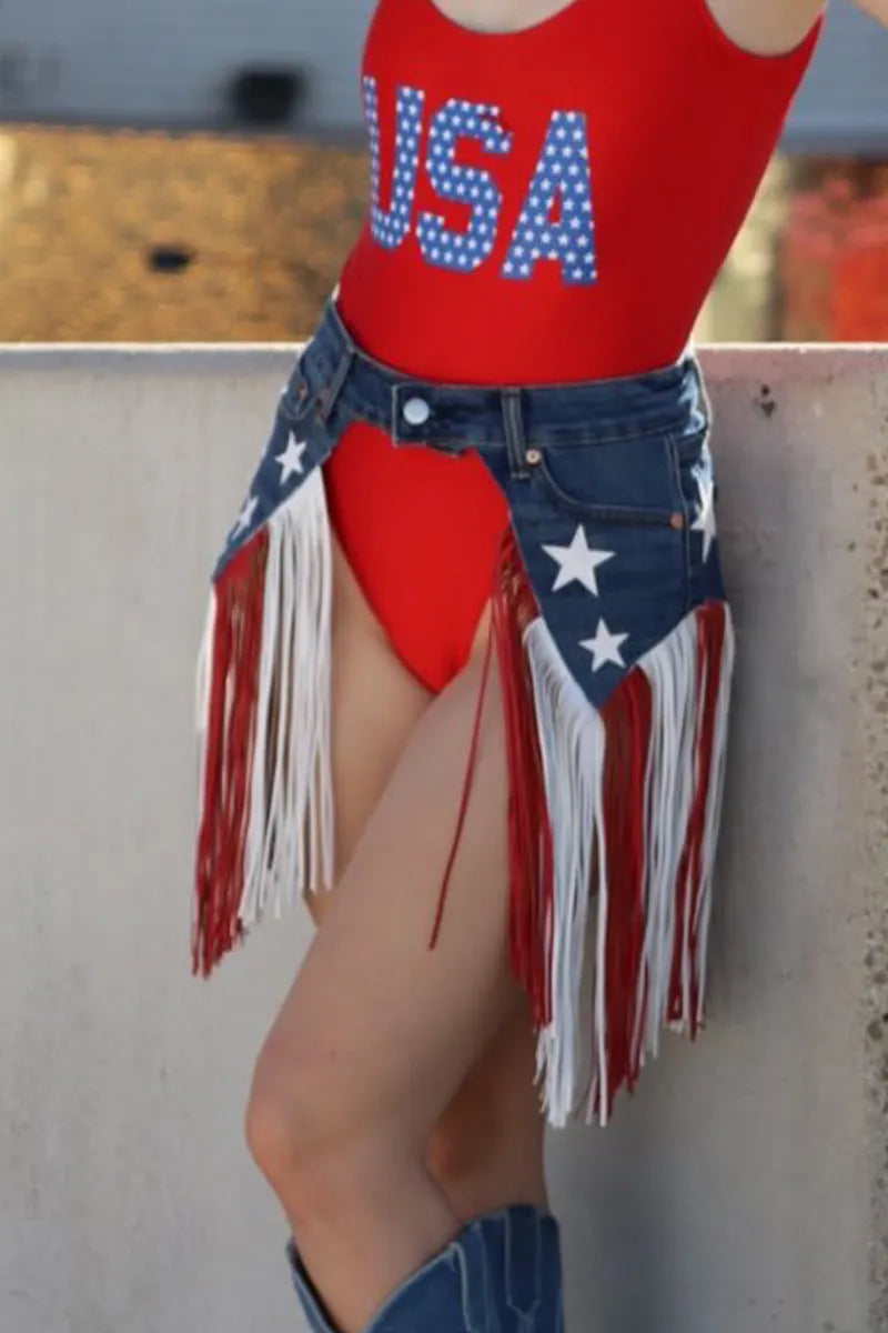 Women's USA Flag Denim Shorts with Red White Blue Fringe Detail