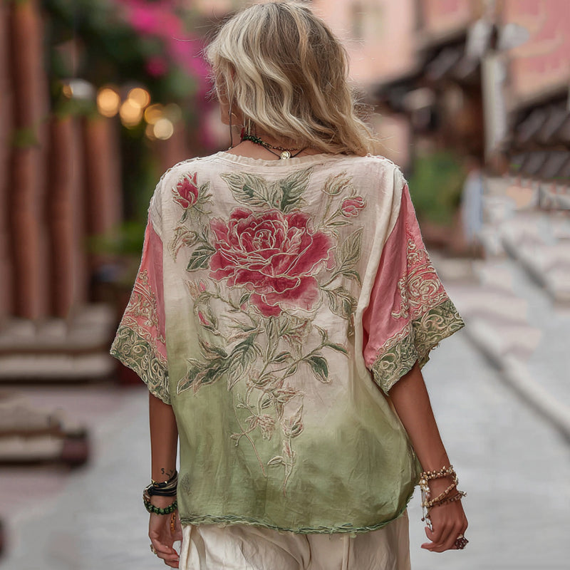 Love & Health Collection Classic Rose And Floral Art Linen V Neck Shirt