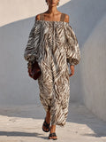 Women's Brown Zebra-Print Linen-Blend Off-Shoulder Maxi Dress MDZ0291G2ZRK