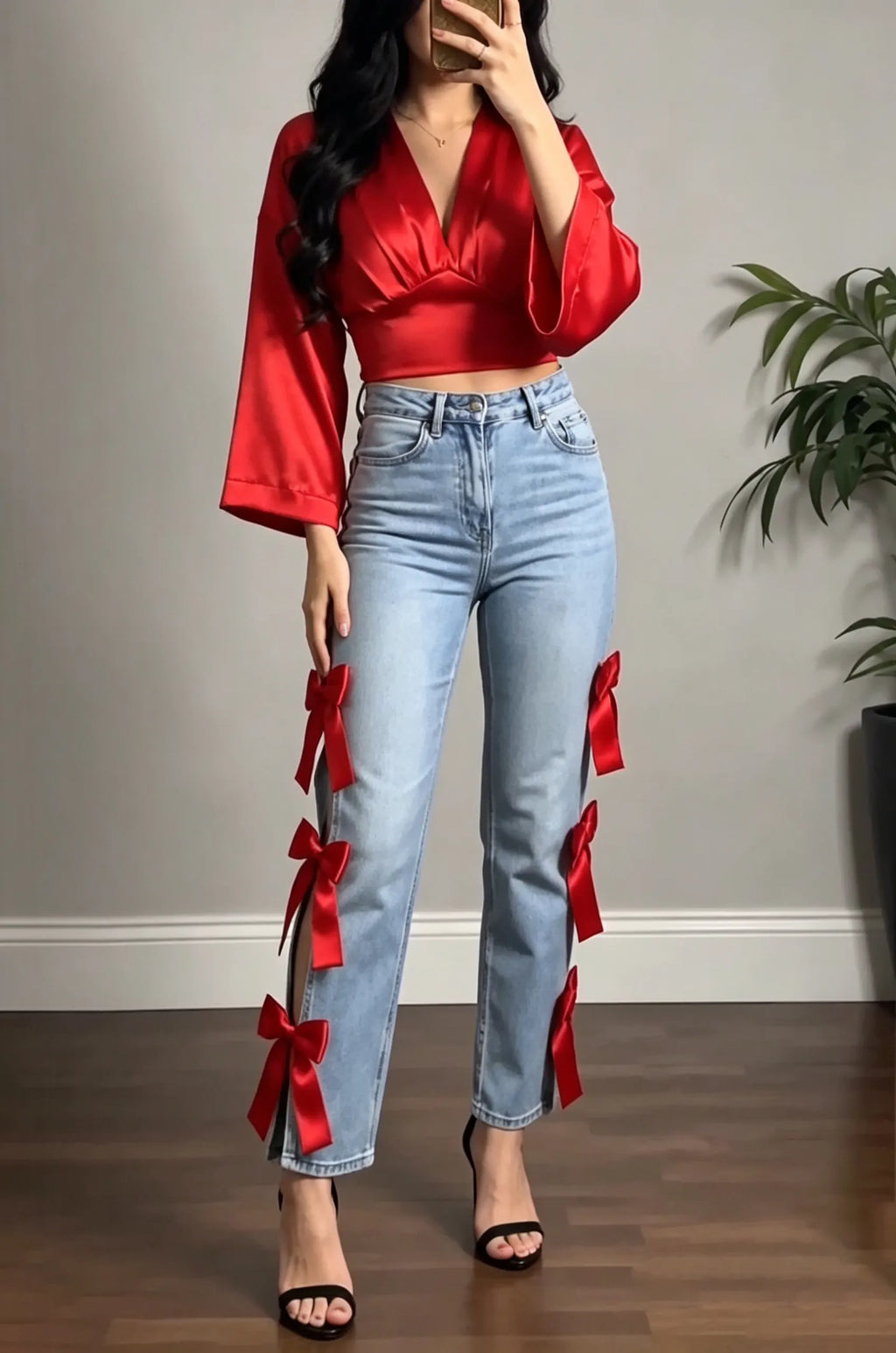 Women's Elegant V-Neck Top or Bow Decor Cutout Jeans