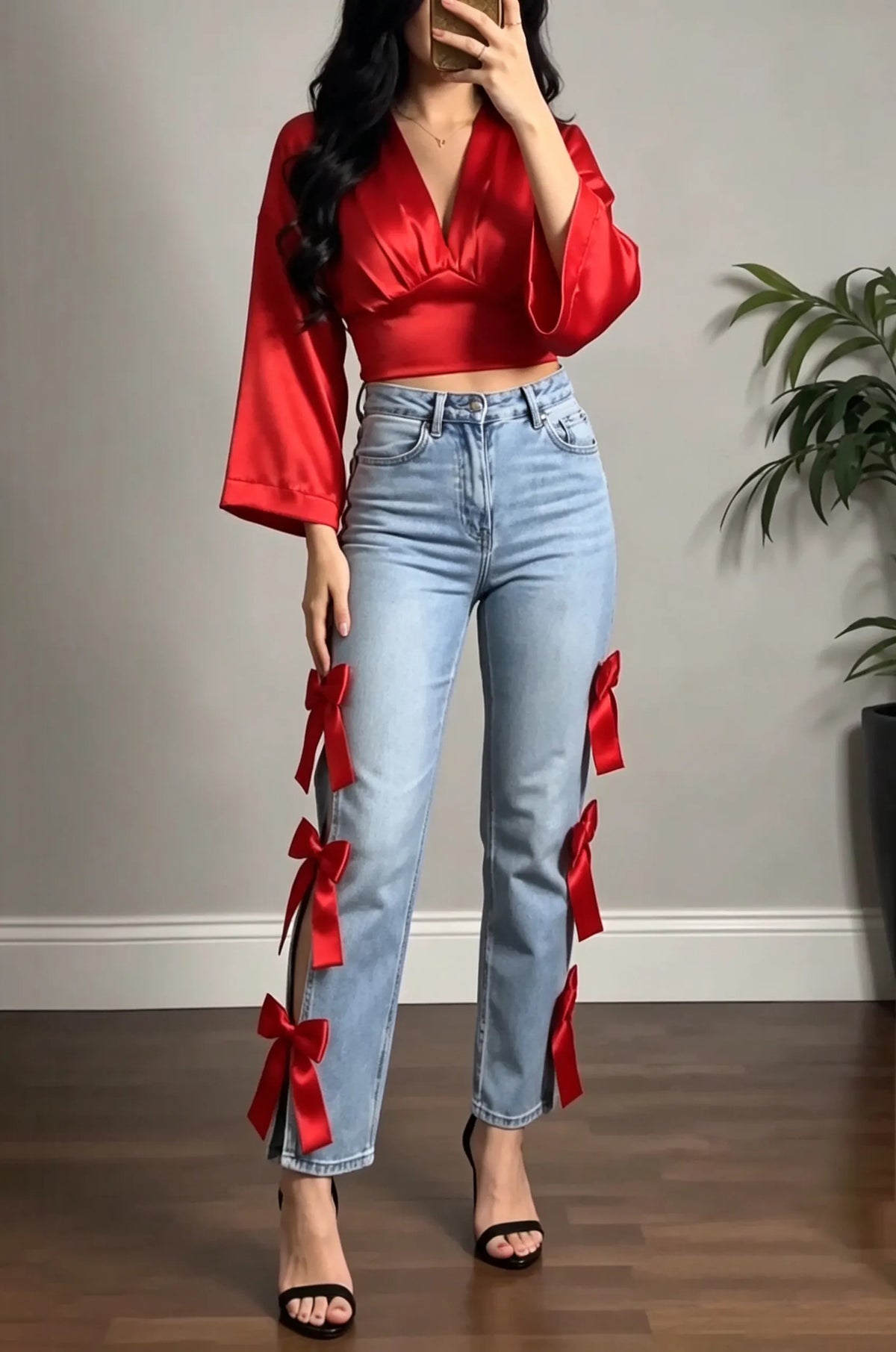 Women's Elegant V-Neck Top or Bow Decor Cutout Jeans