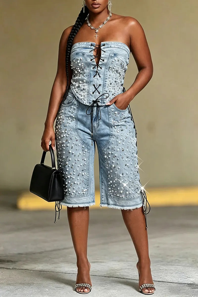 Women's Fashion Rhinestone-Beaded Tie Front Denim Bustier or Cropped Jeans