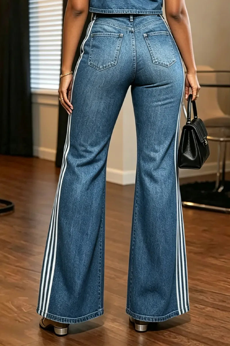 Women's Casual Stripe-Trim Denim Shirt or Wide-Leg Jeans