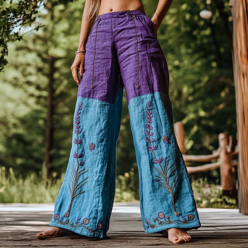Vintage Bohemian Lavender Patchwork Art Printed Cotton Linen Wide Leg Pants