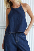 Women's Casual Backless Spaghetti Strap Denim Top& Casual Wide Leg Jeans