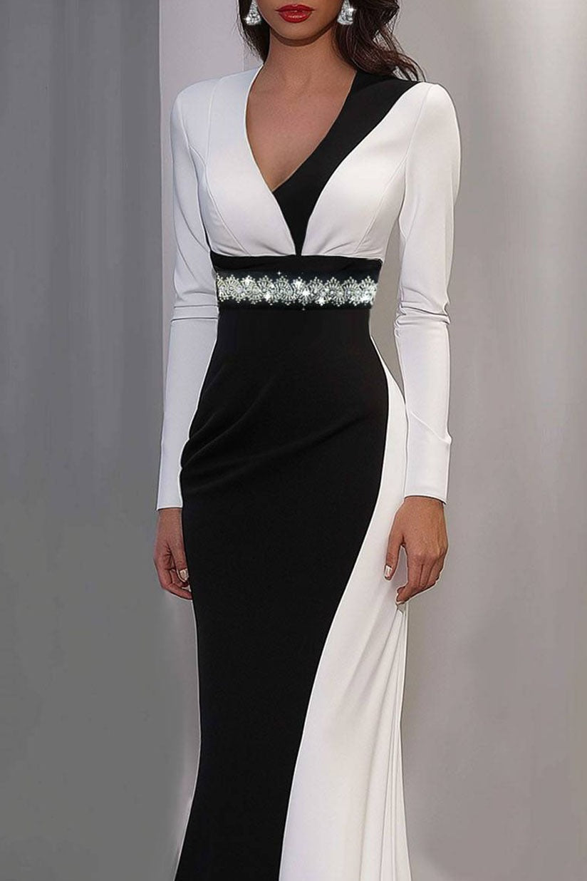 Elegant Maxi Dress Long Sleeves V-Neckline Colorblock Rhinestone Dress