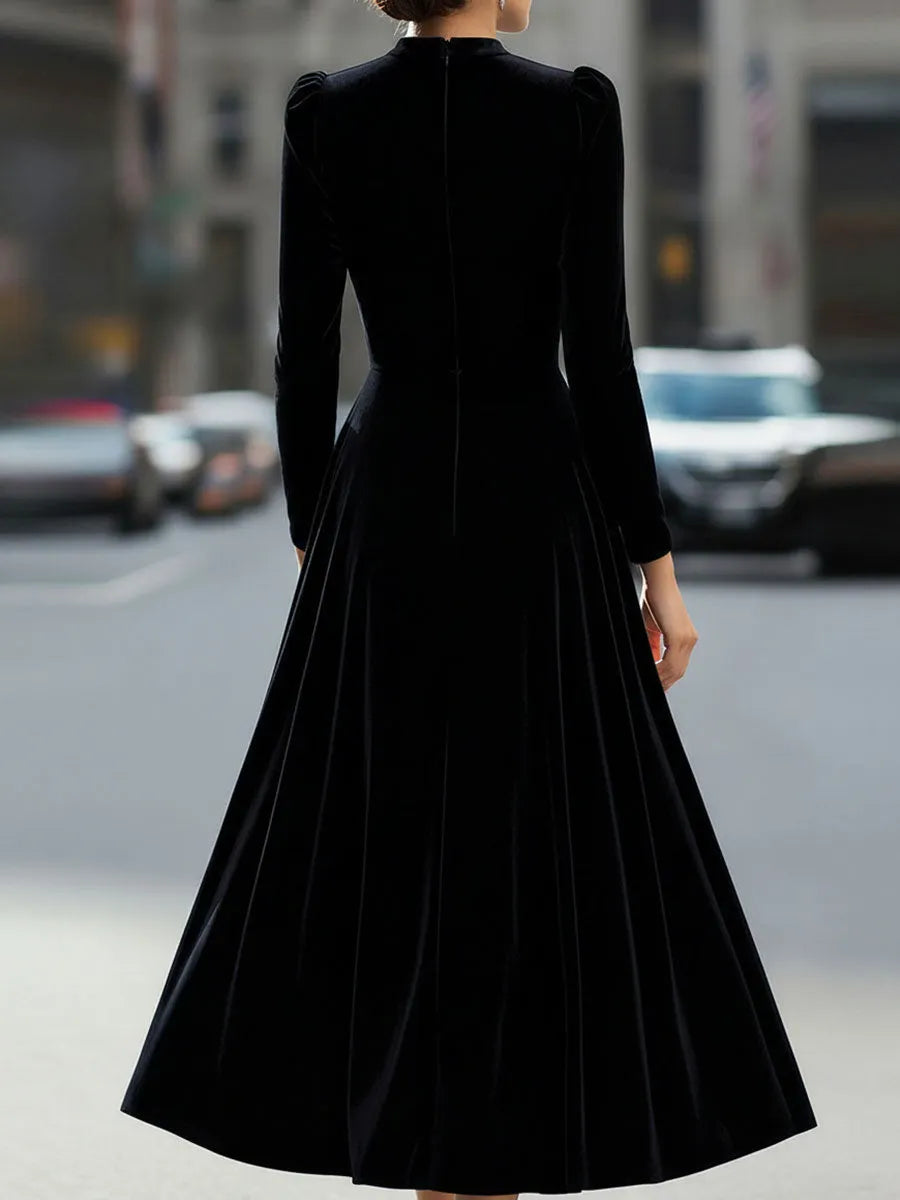 Luxurious   Velvet Long-Sleeve Midi Dress