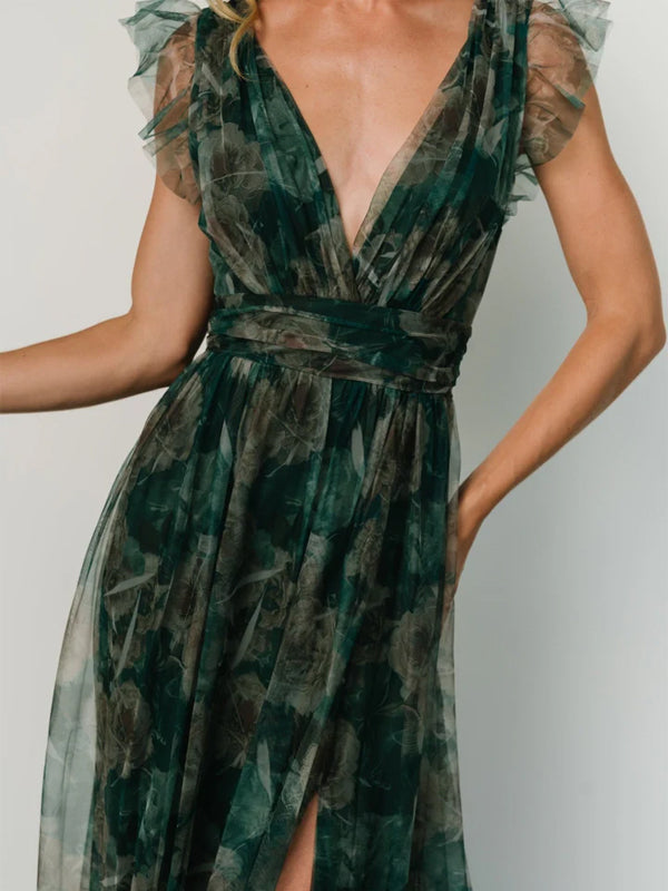V-neck Sleeveless Print Maxi Dress