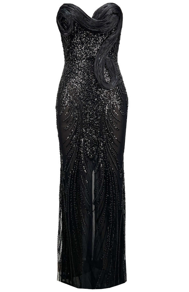 Strapless Draped Sequin Maxi Dress Black