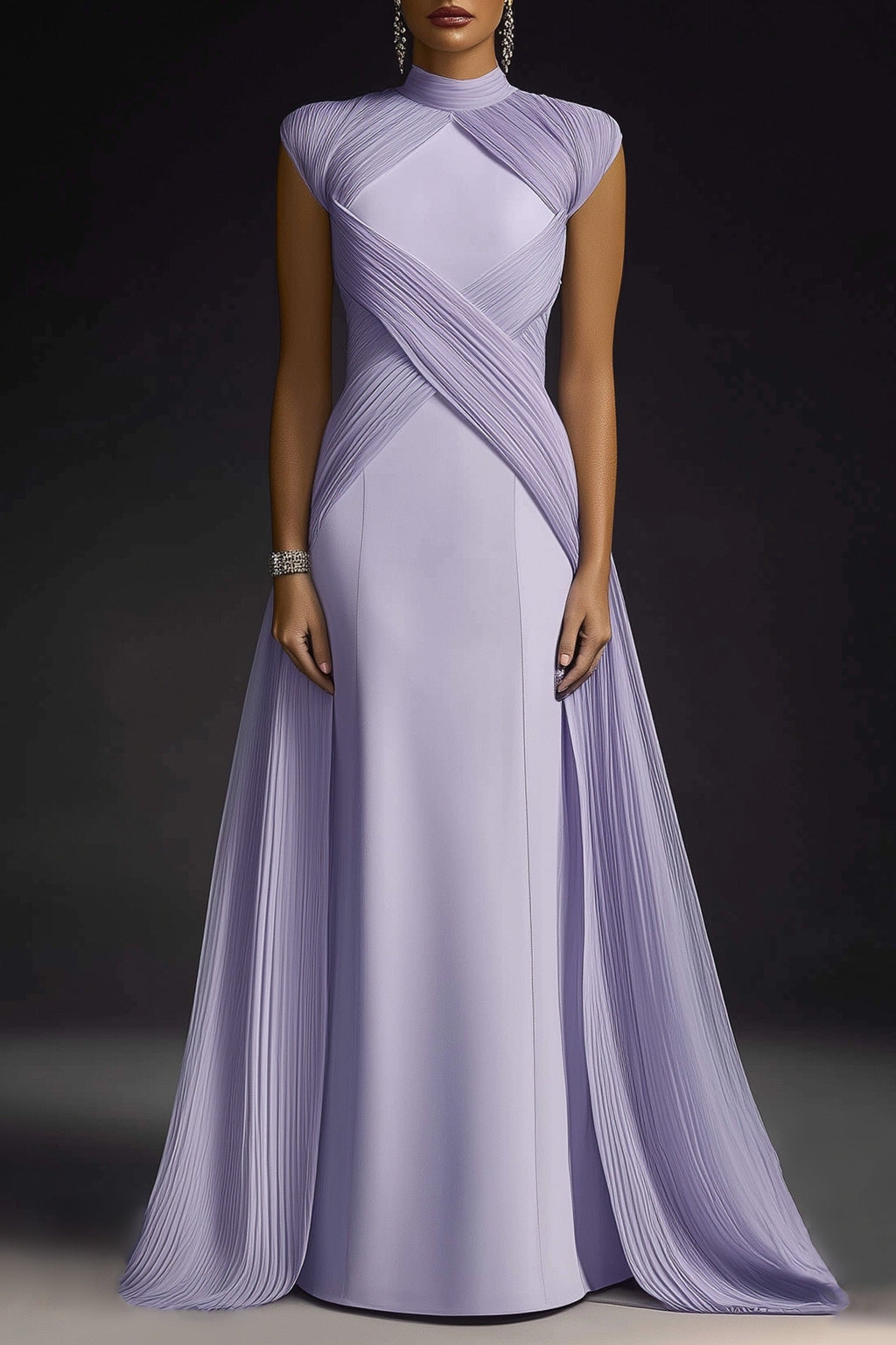 Formal Evening Dress Purple Stand Collar Pleated Train Maxi Gown