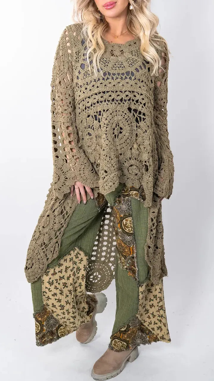 Women Round Neck Printed Hollow Out Casual Long Top