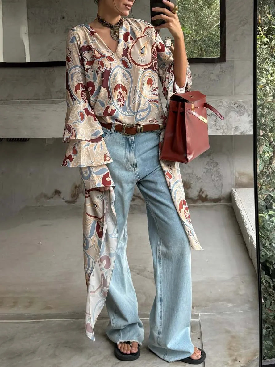 Bohemian Print Bell Sleeve Loose Shirt