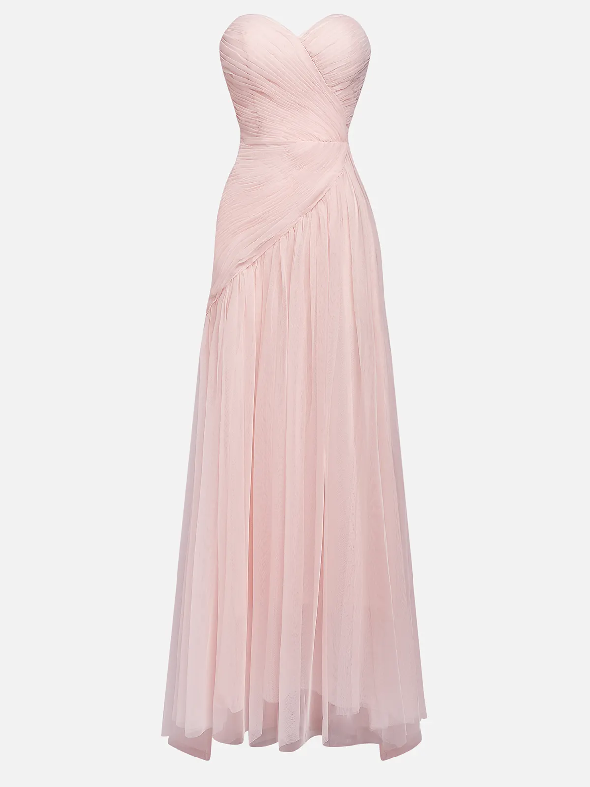 Pink Ruched Slit Tulle Strapless Sleeveless Sheath Gown Dress