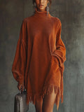 Orange corduroy loose tassel hem high collar dress