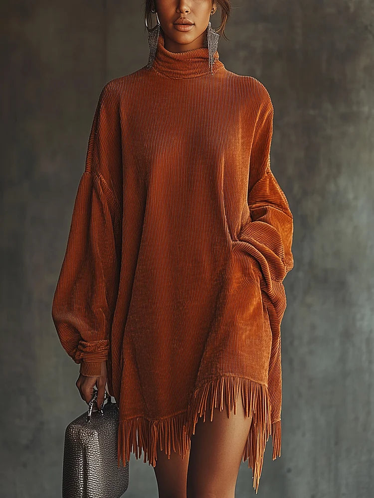 Orange corduroy loose tassel hem high collar dress