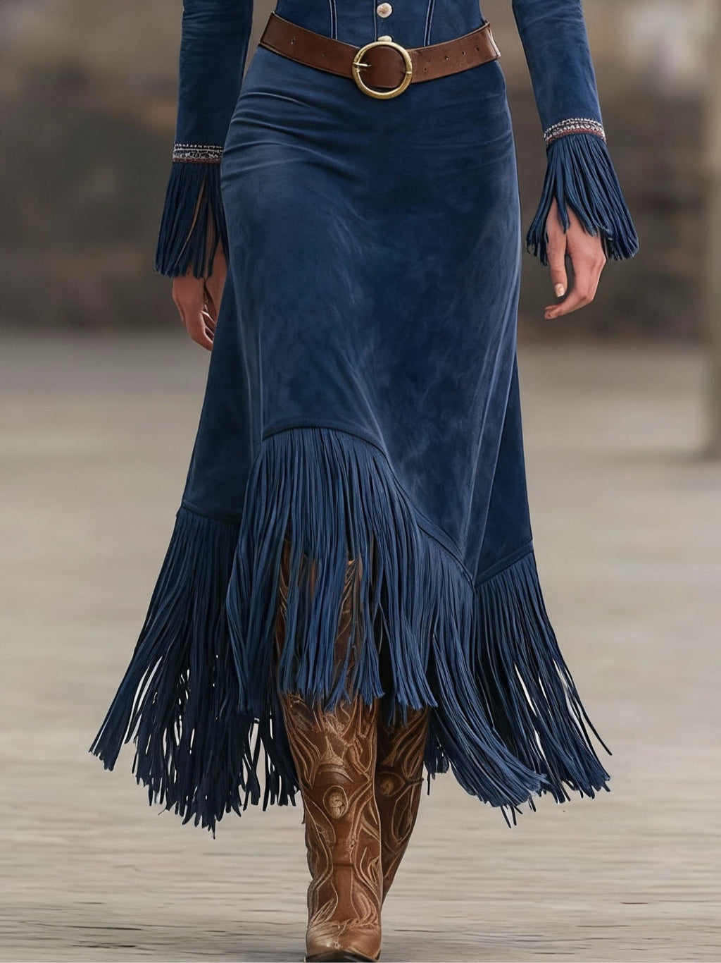 Retro Embroidered Dark Blue Faux Suede Tassel Maxi Dress(Includes belt)