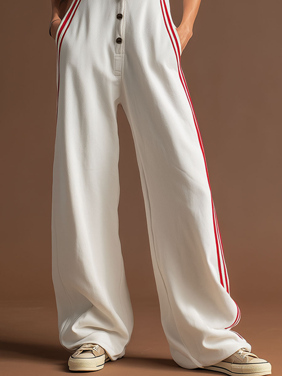 Sporty Retro Red Ribbon White Cotton Sleeveless Jumpsuit